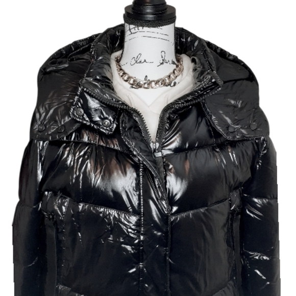 Kensie Black Puffer Jacket With Hood Wet Look Glossy - Picture 12 of 12